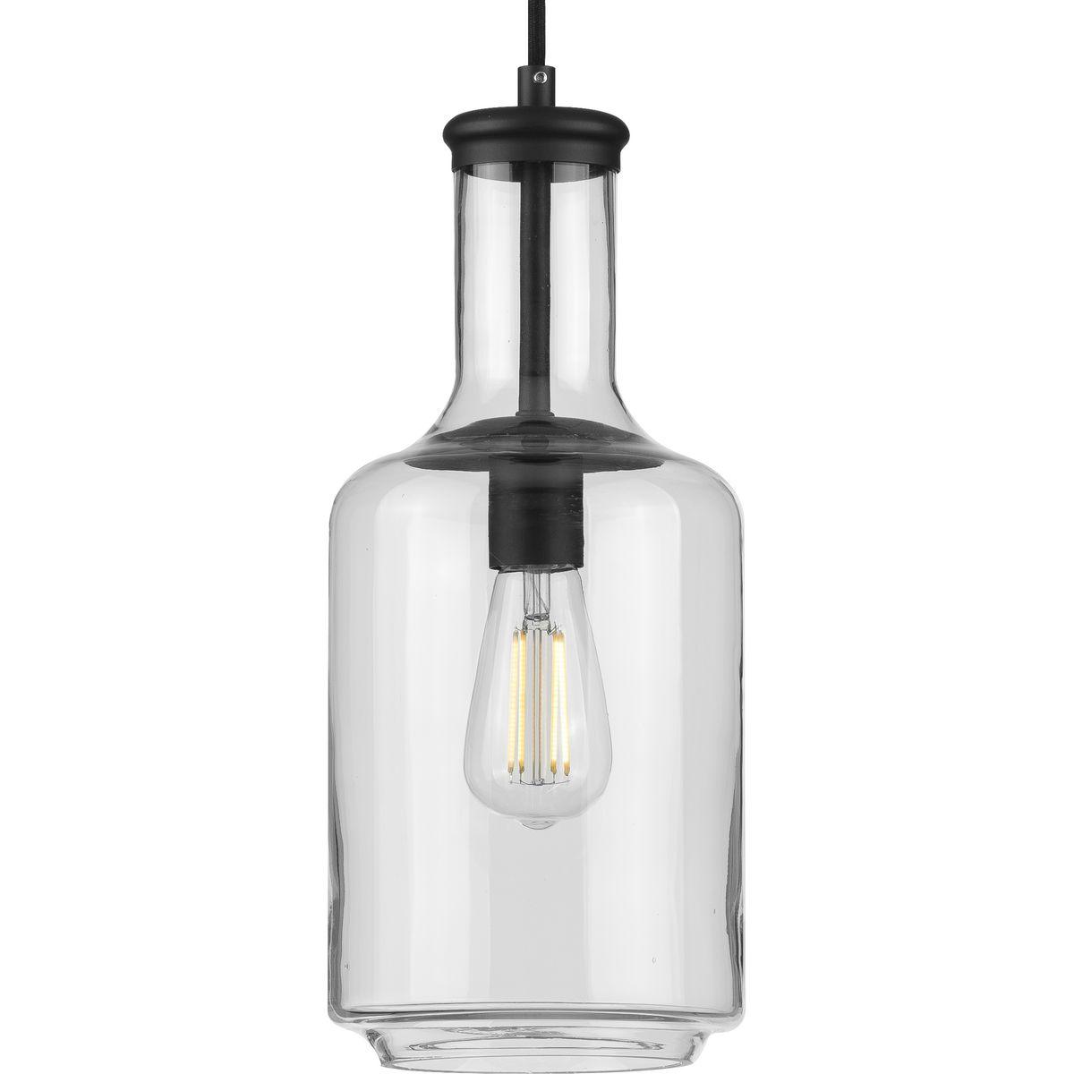 Hubbell P500229-031 Introduce a pop of personality into your home with this pendant. A round ceiling plate coated in a black finish anchors the pendant in place as the light source hangs below. A bottle-inspired clear glass shade adds a twist to a simple industrial style tha
