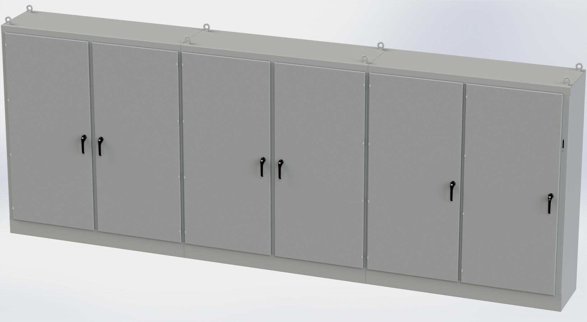 Saginaw Control SCE-90XM6EW24 6DR XM Enclosure, Height:90.00", Width:235.00", Depth:24.00", ANSI-61 gray powder coating inside and out. Sub-panels are powder coated white.