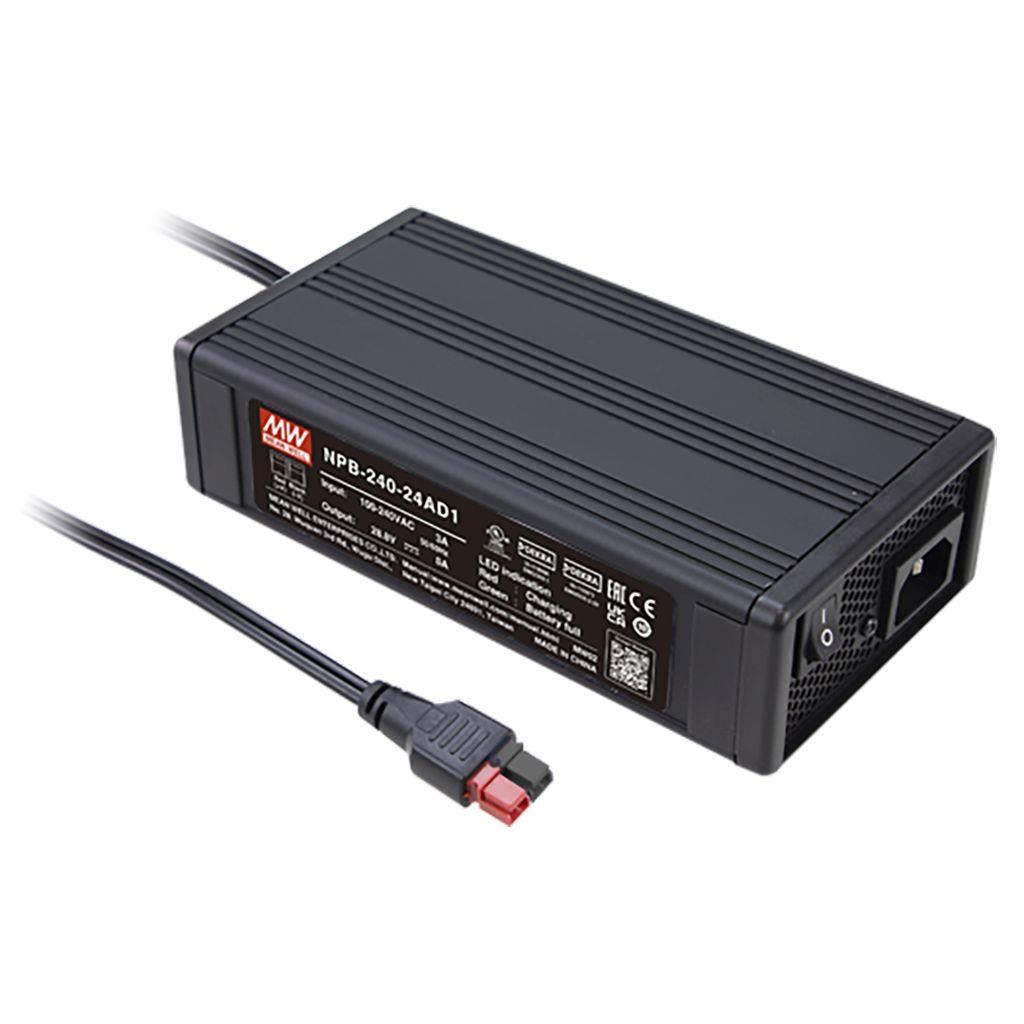 MEAN WELL NPB-240-24AD1 AC-DC Single output battery charger with PFC; 2 or 3 stage charging; Universal AC input; Output 28.8Vdc at 8A with anderson connector