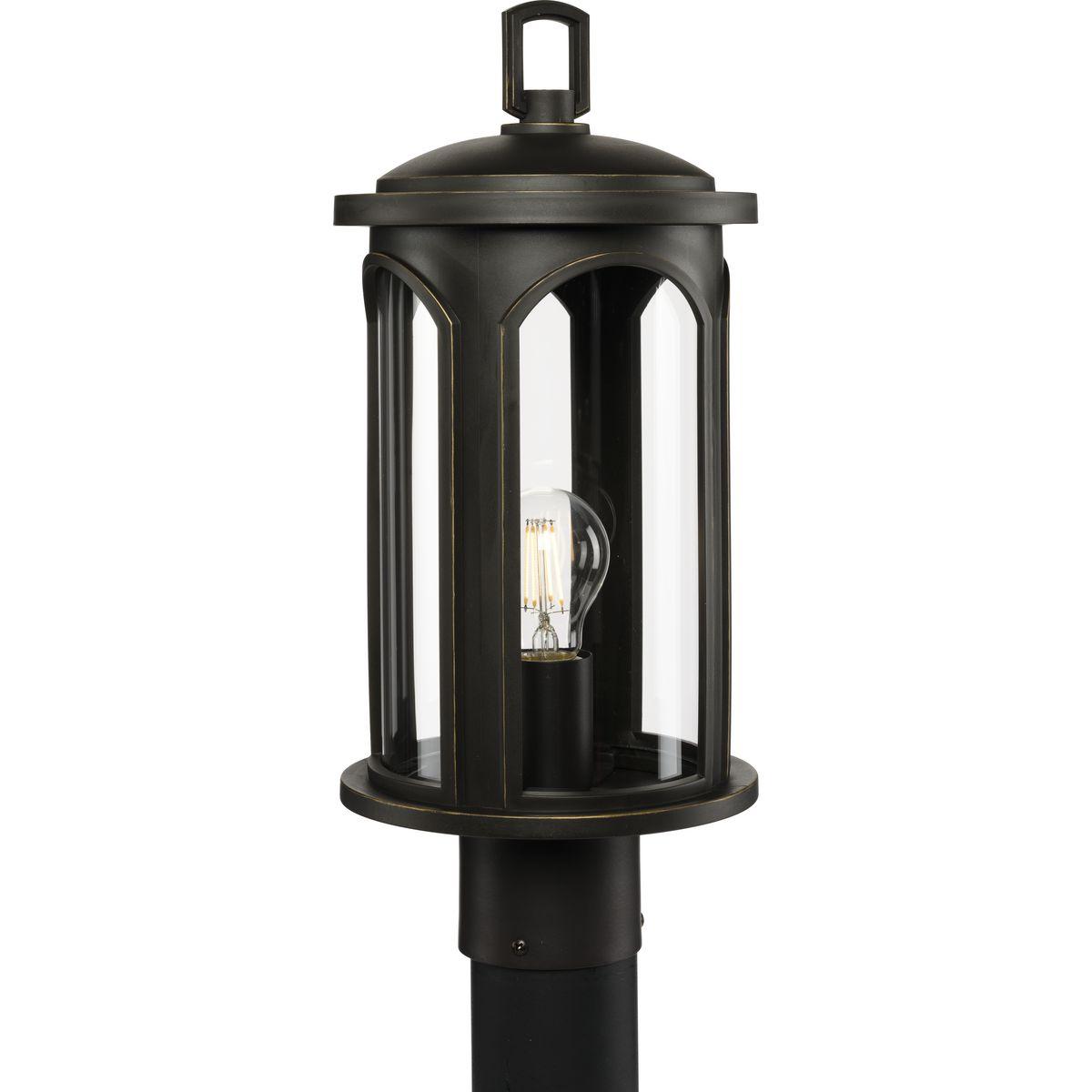 Hubbell P540033-020 Elevate your home decor with the graceful arches of the Gables Collection 1-Light Antique Bronze Clear Glass Traditional Outdoor Post Lantern Light. The lantern's stately frame with airy archways is coated in a handsome antique bronze frame. A light sourc