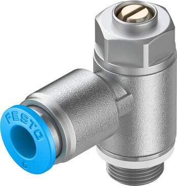 Festo 193144 one-way flow control valve GRLA-1/8-QS-6-D Valve function: One-way flow control function for exhaust air, Pneumatic connection, port  1: QS-6, Pneumatic connection, port  2: G1/8, Adjusting element: Slotted head screw, Mounting type: Threaded