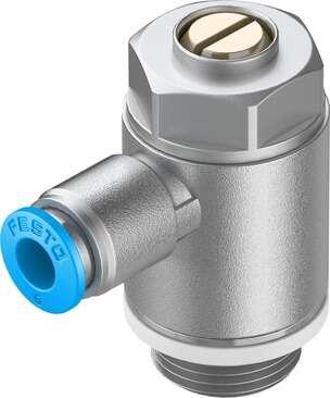 Festo 193149 one-way flow control valve GRLA-3/8-QS-6-D Valve function: One-way flow control function for exhaust air, Pneumatic connection, port  1: QS-6, Pneumatic connection, port  2: G3/8, Adjusting element: Slotted head screw, Mounting type: Threaded