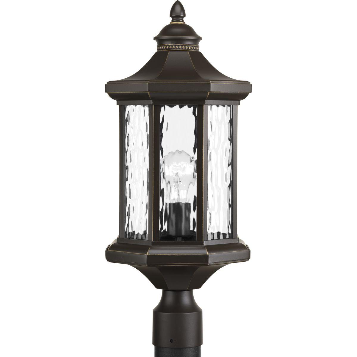 Hubbell P6429-20 The one-light post lantern in the Edition collection features distinctive octagonal shape for classic styling. Clear water glass elements are accented by a Antique Bronze finish. Die-cast aluminum construction with a powder coat finish makes this a durabl
