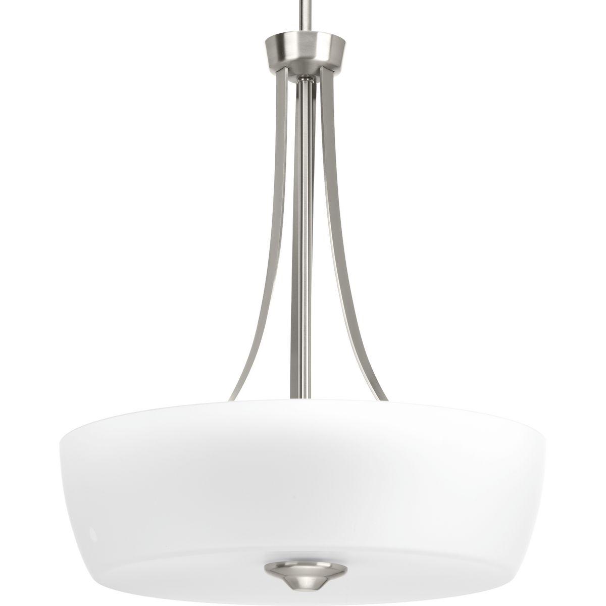 Hubbell P500030-009 The Leap collection features sweeping arcs that frame tapered etched shades. Glass shades are slightly larger in scale to complement contemporary design trends. The three-light foyer pendant is finished in Brushed Nickel.  ; Brushed Nickel finish. ; Sweep