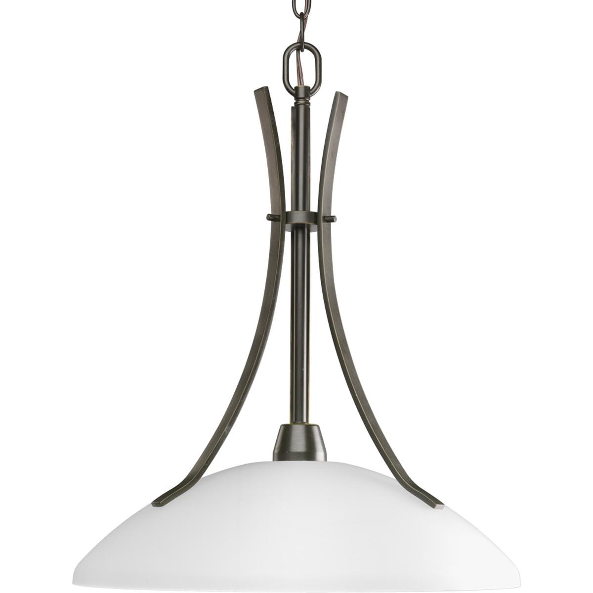 Hubbell P5112-20 The Wisten Collection features sweeping arcs framing elegant, tapered glass shades. Cool and modern with a casual flair, Wisten provides a signature look to any room.  One-light pendant with etched glass in an Antique Bronze finish.  ; Sweeping arms frami