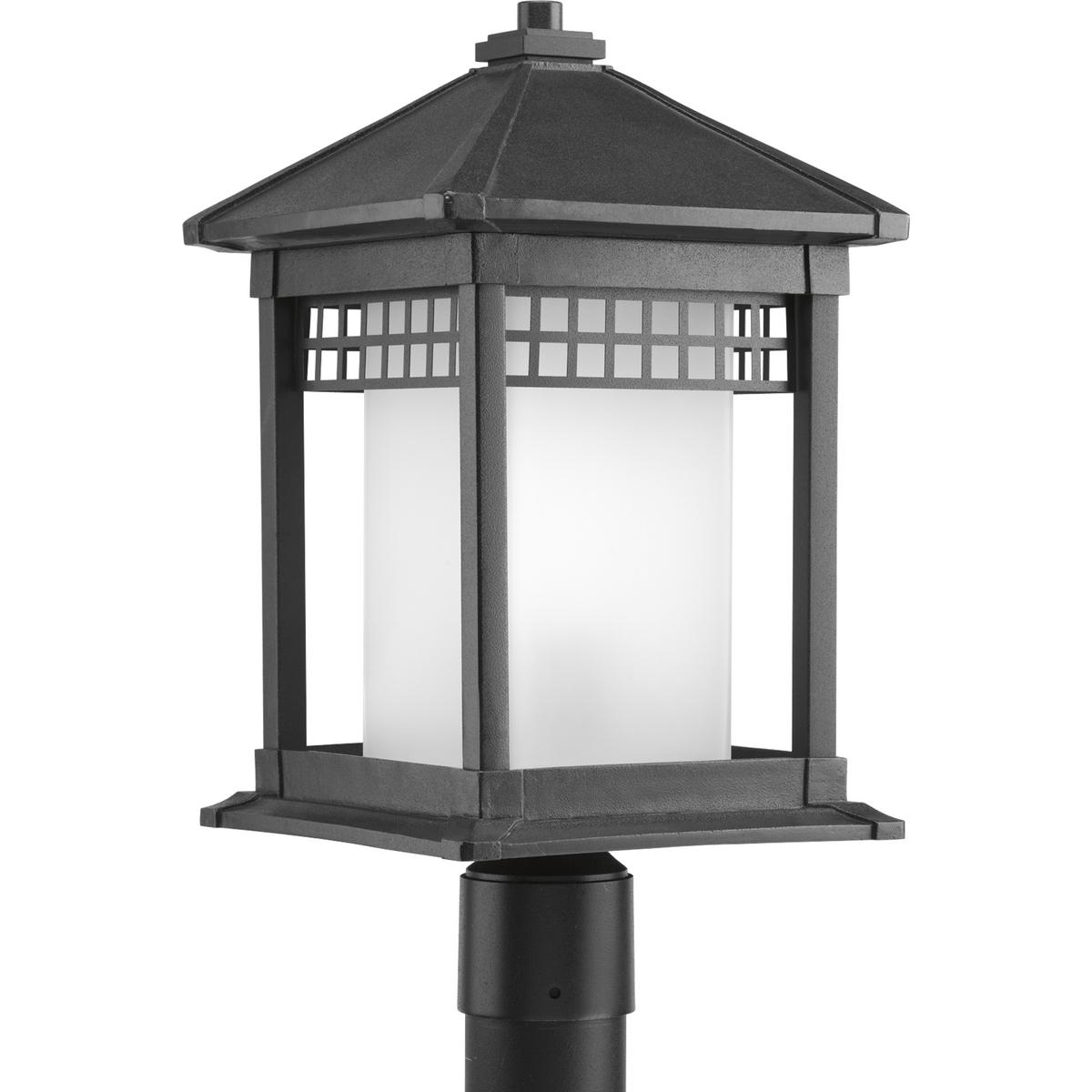 Hubbell P6400-31 Square etched glass shade within rectilinear frame which showcases pierced grid pattern. One-light post lantern in a durable powder coat finish.  ; Square etched glass shade within rectilinear frame. ; Pierced grid pattern. ; Durable powder coat finish.