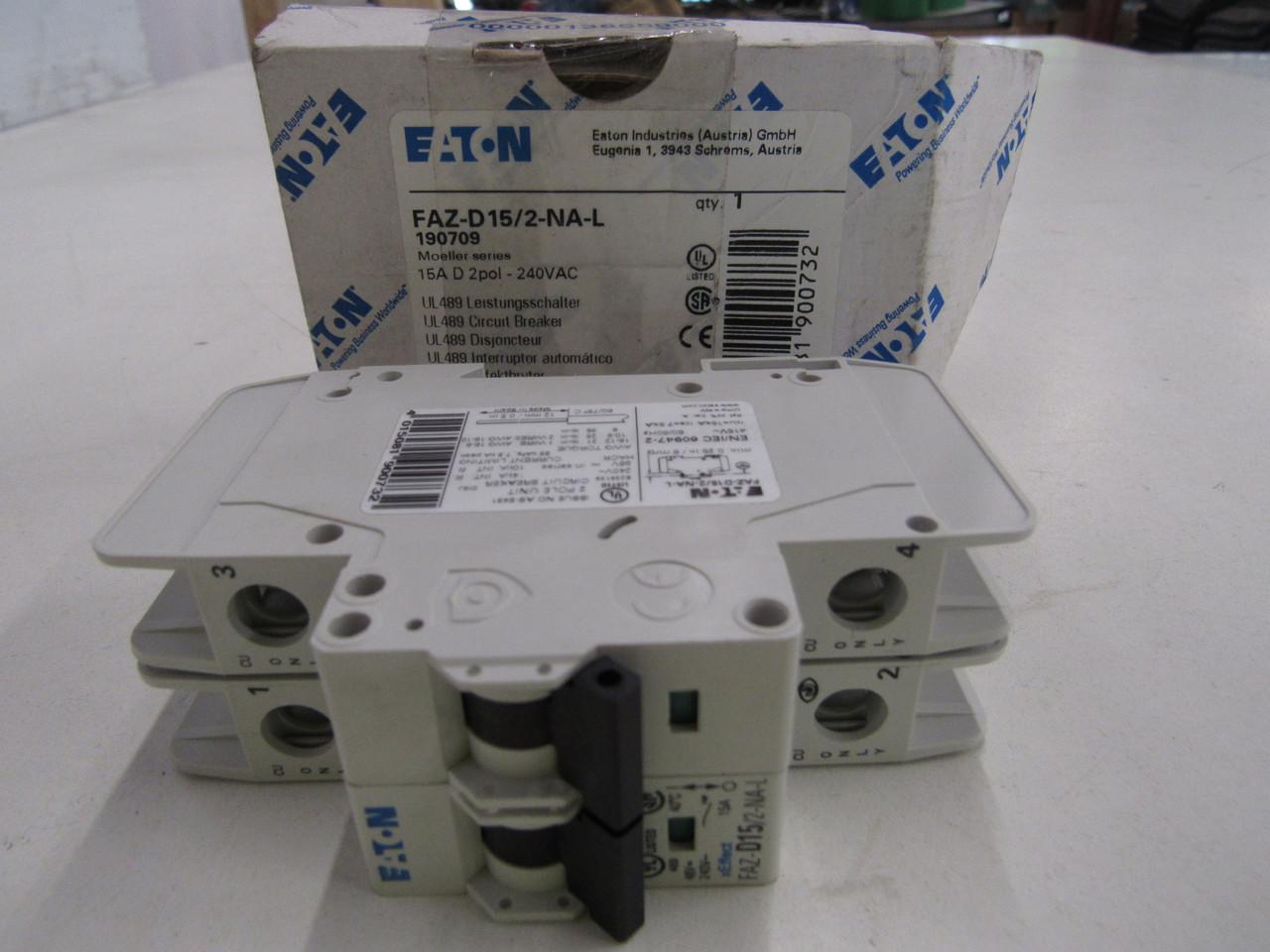 Eaton FAZ-D15/2-NA-L Miniature circuir breaker, 2 pole, 15 A, D trip curve, 240 VAC, screw terminals, UL489