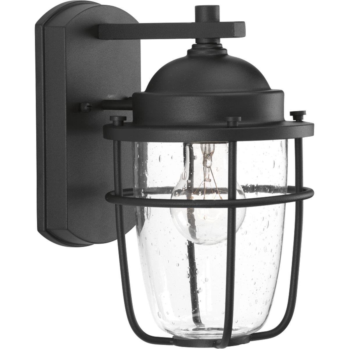 Hubbell P560065-031 A nautical-inspired collection ideal for a variety of exteriors, including Coastal, Transitional and Urban Industrial settings. The one-light black small wall lantern with clear seeded glass feature a hint of brushed nickel on the interior. Geometric deta