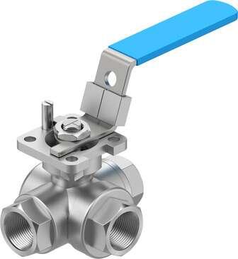 Festo 8096953 ball valve VZBE-1/2-T-63-F-3T-F04-M-V15V15 Design structure: (* 3-way ball valve, * T hole), Type of actuation: mechanical, Sealing principle: soft, Assembly position: Any, Mounting type: Line installation