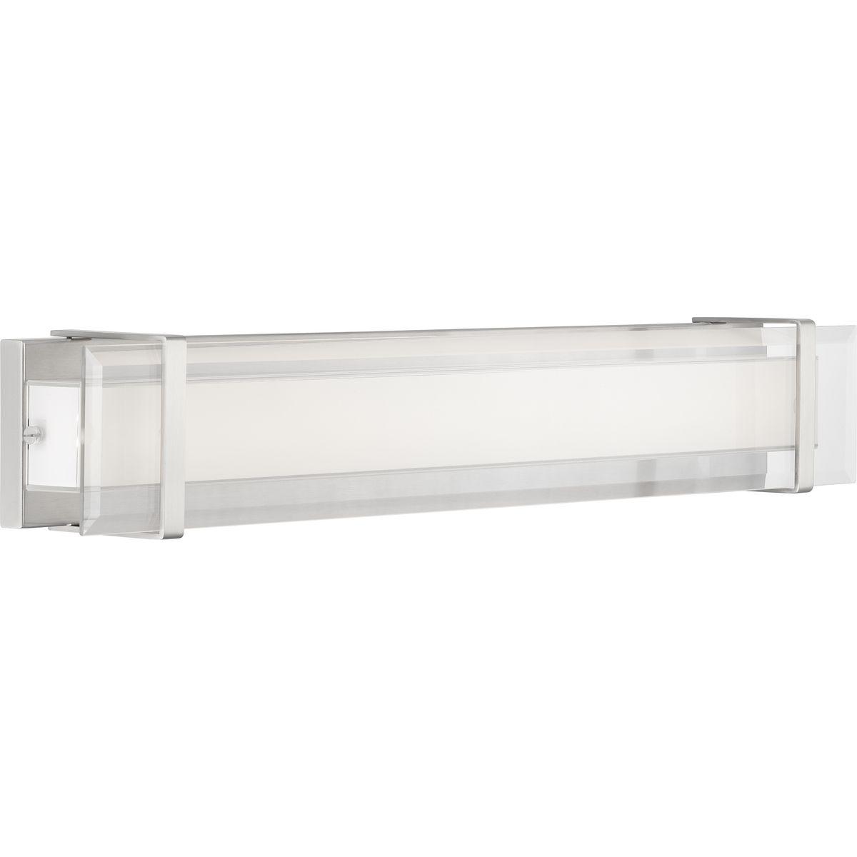 Hubbell P300153-009-30 The Miter LED 34in linear bath bar highlights a beautiful layered effect to enhance a variety of interior areas. Each clear beveled glass panel is hand cut and positioned together, creating visual interest that extend to the corners. To complete the form,