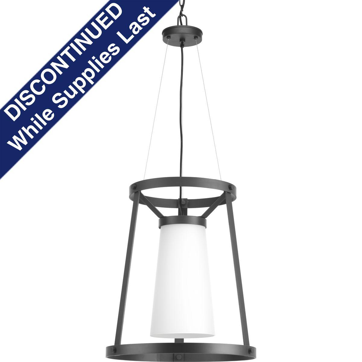 Hubbell P500026-143 Mobi strikes a dramatic note for modern spaces with this large pendant. Suspended by steel cables, the etched white glass shade is encased in an open frame finished in Graphite.  ; Graphite finish. ; Dramatic, modern styling. ; Suspended by steel cables. 