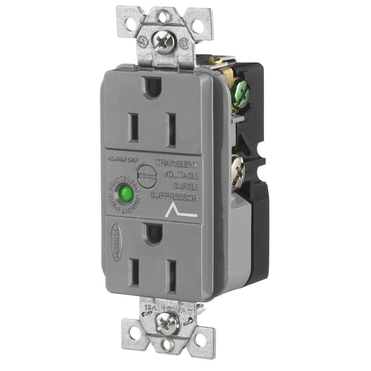 Hubbell HBL5262GYSA TVSS Duplex Receptacle with Light and Alarm, 15A 125V, 5-15R, Gray  ; Automatic self-grounding staple ; Distinctive surge symbol provides quick identification ; Power-on indicator light verifies that power is available ; Alert alarm sounds when surge prot
