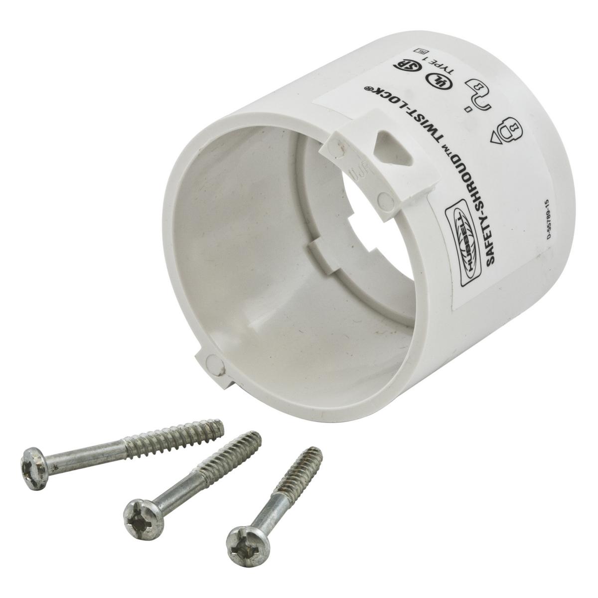 Hubbell HBLSS3 Locking Devices, Twist-Lock®, Safety-Shroud®, Shroud Kit for Plugs, 20A and 30A 3-Wire, White  ; Add-A-Shroud® devices allow conversion of existing 20A and 30A 3 to 5 wire Hubbell Insulgrip® Twist-Lock® devices to a Safety-Shroud® Twist-Lock® plug ; The S
