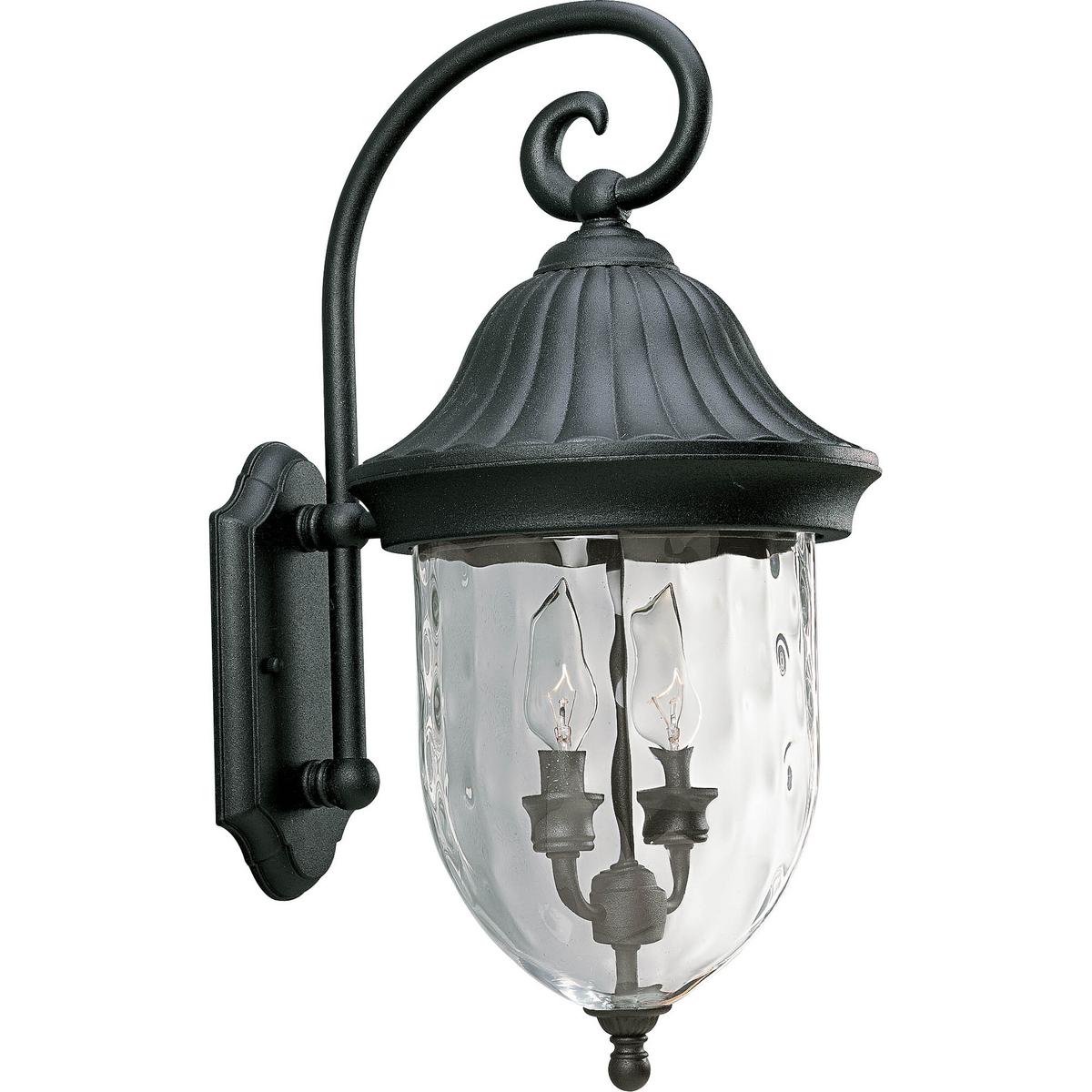 Hubbell P5829-31 Capture the romance with this two-light wall lantern from the Coventry collection that features optic hammered glass, stylized cap and Sheppard's hook. Die-cast aluminum construction. Textured Black finish.  ; Textured Black finish. ; Optic hammered glass