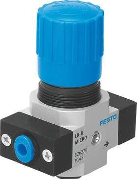 Festo 526270 pressure regulator LR-QS4-D-O-7-MICRO Sub-base with push-in connector, without pressure gauge Size: Micro, Series: D, Actuator lock: Rotary knob with lock, Assembly position: Any, Design structure: directly-controlled diaphragm regulator