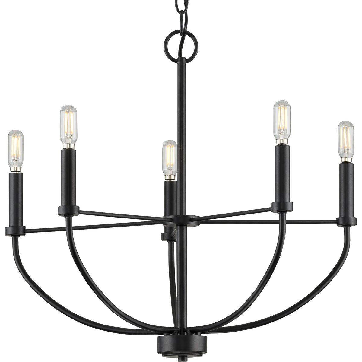 Hubbell P400202-031 Transform your home with the gorgeous glow from the Leyden Collection 5-Light Matte Black Farmhouse Chandelier. Light sources glow from atop light bases reminiscent of antique candlesticks arranged in a circular design for an elegant charming glow sure to
