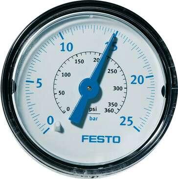 Festo 526167 pressure gauge MA-40-25-1/8-EN With display unit in bar and psi. Indicating range [bar]: 0 - 25 bar, Conforms to standard: EN 837-1, Nominal size of pressure gauge: 40, Design structure: Bourdon-tube pressure gauge, Mounting type: Line installation