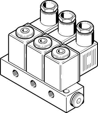 Festo 4523 solenoid valve BMFH-3-3-M5 With solenoid coils and sockets, manual operation, connection M5. Also available without sockets with order suffix "-OD" (for reduced price). Specify voltage when ordering. Valve function: 3x3/2 closed, monostable, Type of actua
