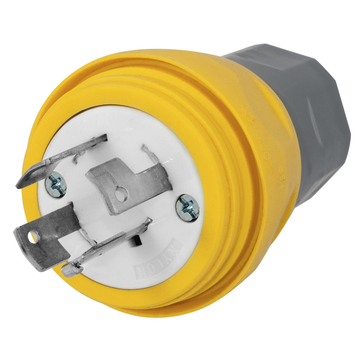 Hubbell HBL28W09 Watertight Devices, Twist-Lock® Plug, 30A, 3 Phase WYE 120/208V AC, 4 Pole, 4 Wire, Thermoplastic elastomer, NON-NEMA, Yellow  ; Smooth body design minimizes collection points simplifying the wash down process ; Strain relief nut always seals on the body,