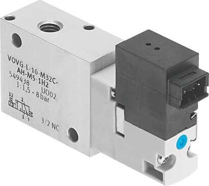 Festo 560703 solenoid valve VOVG-S12-M32C-AH-M5-1H2 Valve function: 3/2 closed, monostable, Type of actuation: electrical, Width: 12 mm, Standard nominal flow rate: 180 l/min, Operating pressure: 2 - 8 bar