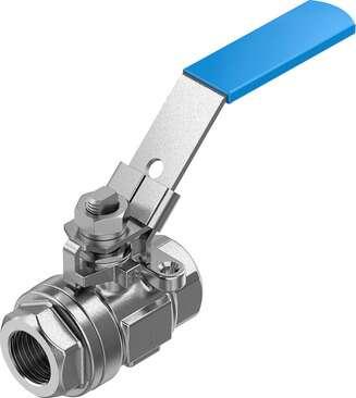 Festo 4745216 ball valve VZBE-1/2-T-63-D-2-M-V15V15 Stainless steel, manual version, 2/2-way, nominal width 1/2", PN63, ASME B1.20.1 - NPT. Design structure: 2-way ball valve with hand lever, Type of actuation: mechanical, Sealing principle: soft, Assembly position: An