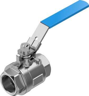 Festo 4745221 ball valve VZBE-11/2-T-63-D-2-M-V15V15 Stainless steel, manual version, 2/2-way, nominal width 11/2", PN63, ASME B1.20.1 - NPT. Design structure: 2-way ball valve with hand lever, Type of actuation: mechanical, Sealing principle: soft, Assembly position: 