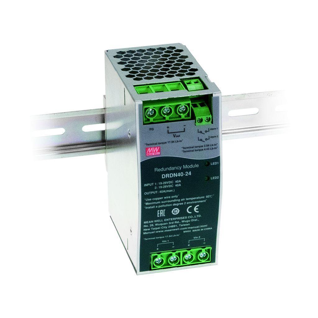 MEAN WELL DRDN40-48 40A DIN rail Redundancy Module to improve overall system operation reliability; Support 1+1 and N+1 redundancy system; 2 channels input and 1 output; DC OK; Input 48Vdc