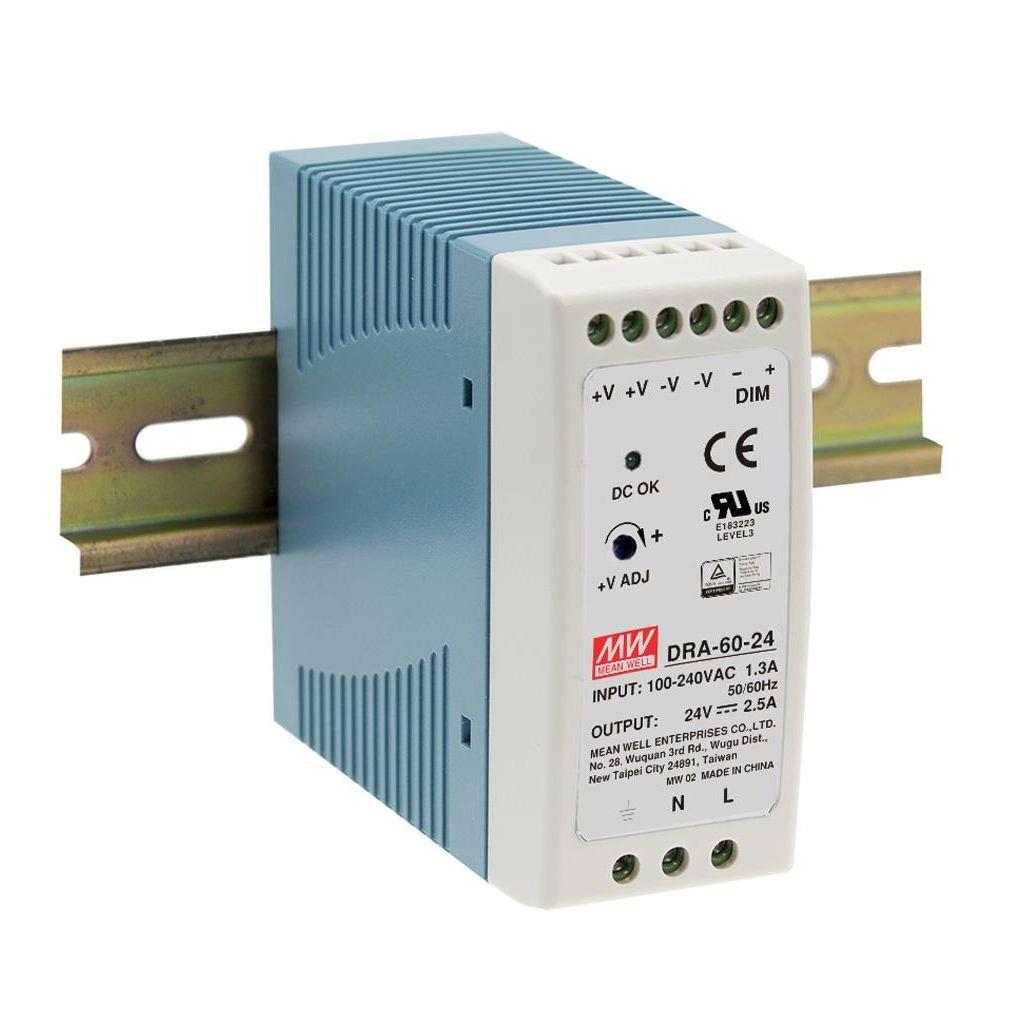 MEAN WELL DRA-60-12 AC-DC Industrial DIN rail power supply; Output 12Vdc at 5A; Dimming 0-10Vdc PWM Resistance; plastic case