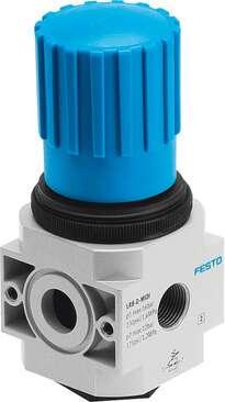 Festo 197539 pressure regulator LRB-D-O-MIDI Without threaded connection plates, for block mounting, without pressure gauge. Size: Midi, Series: D, Actuator lock: Rotary knob with lock, Assembly position: Any, Design structure: (* directly-controlled diaphragm regulat