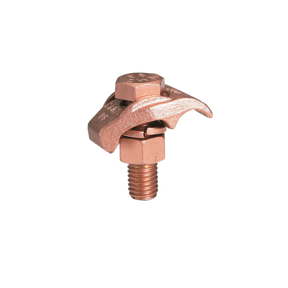 Hubbell GBM26 Mechanical Grounding Connector, Cable to 1/4" Thick Bar, 4 AWG (Sol)-2/0 AWG (Str), 3/8" Stud.  ; Features: High Copper Alloy Ground Connector For Joining A Range Of Cable To 1/4 IN Thick Bar, Type GBM Clamps Cable Directly On Bar Surface, One-Wrench Inst
