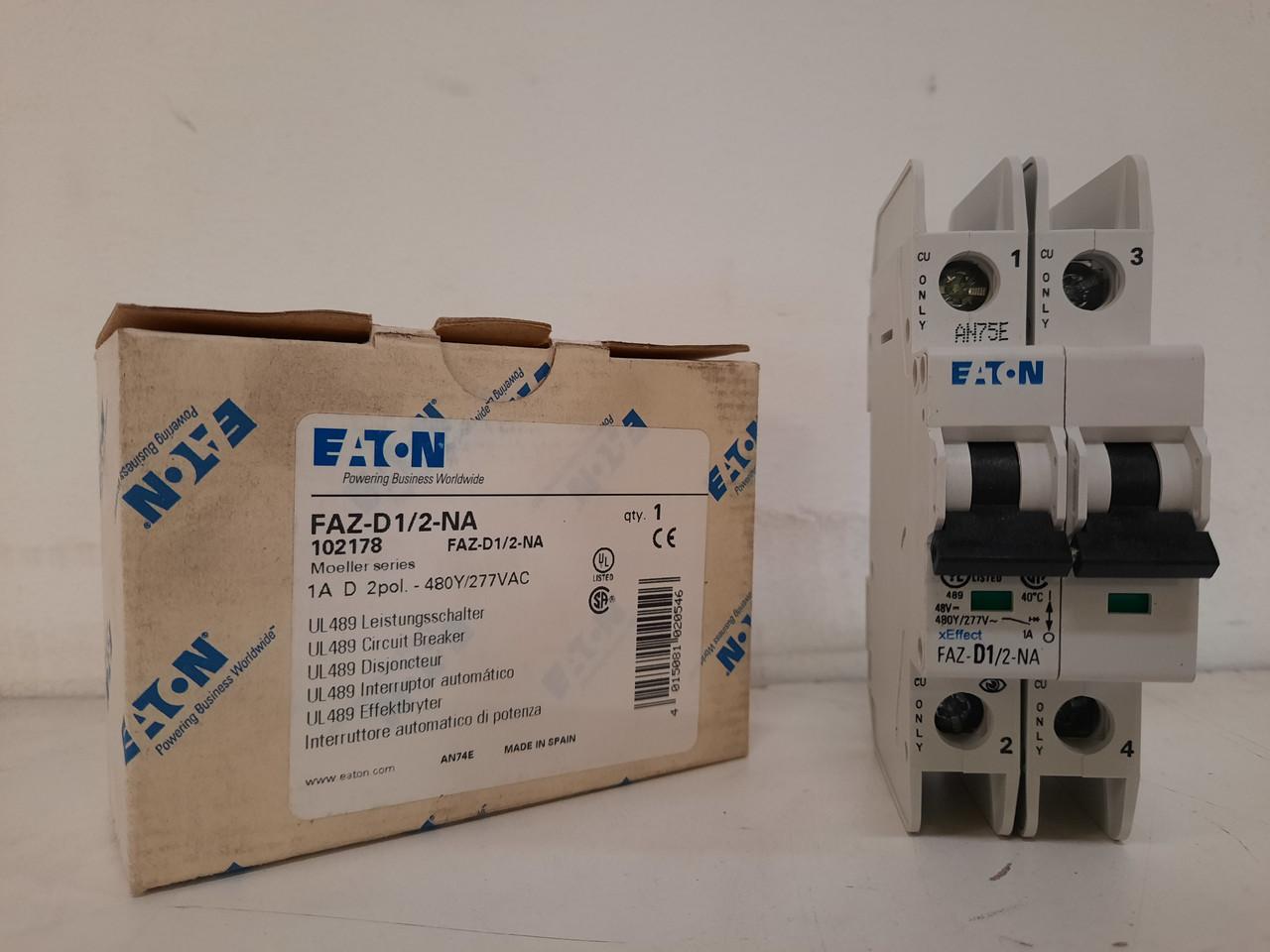 Eaton FAZ-D1/2-NA 277/480 VAC 50/60 Hz, 1 A, 2-Pole, 10/14 kA, 10 to 20 x Rated Current, Screw Terminal, DIN Rail Mount, Standard Packaging, D-Curve, Current Limiting, Thermal Magnetic