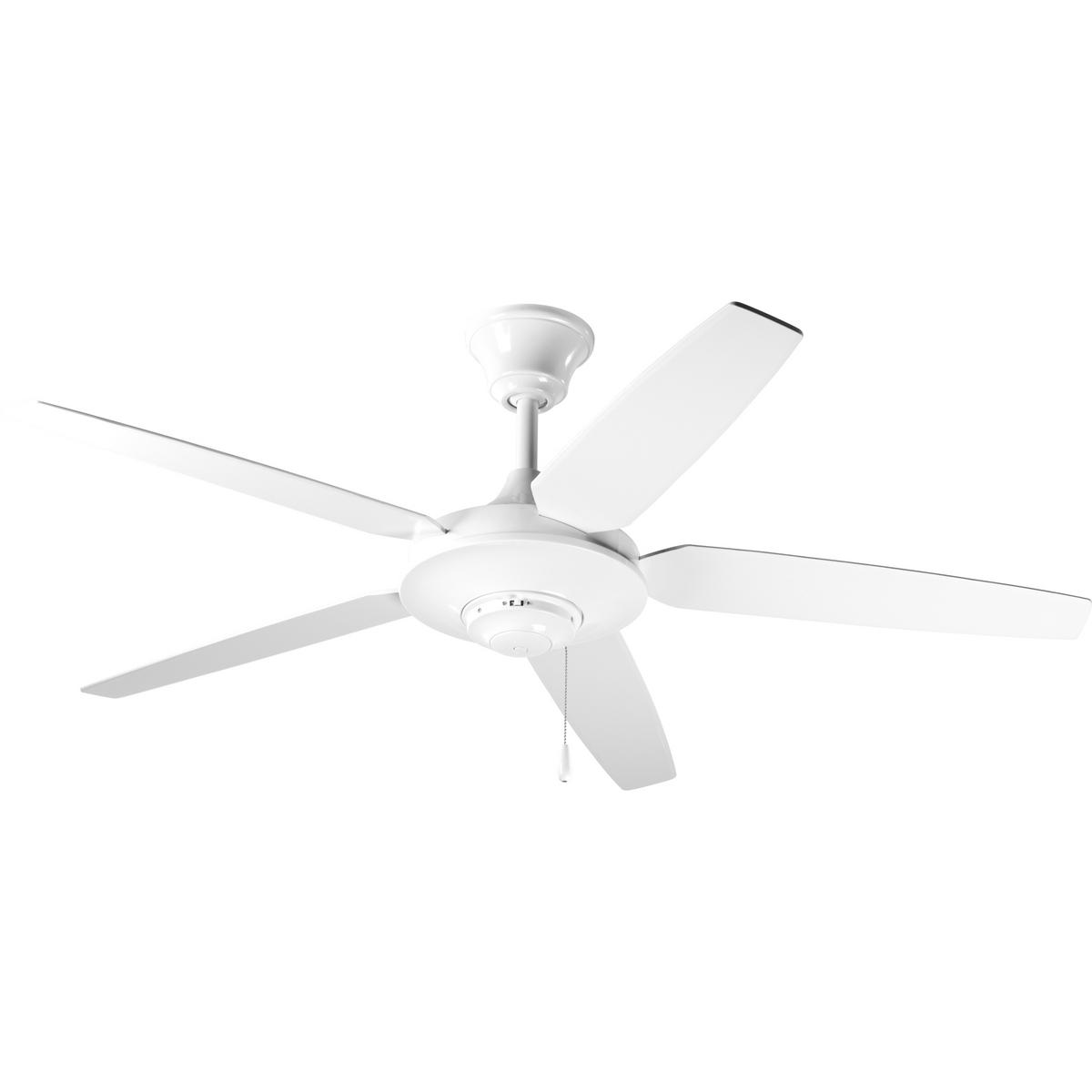Hubbell P2530-30W 54" five-blade fan with White blades and a White finish. The AirPro Signature ceiling fan offers great performance and value. This contemporary styled fan features a powerful, 3-speed motor that can be reversed to provide year-round comfort. Includes inno