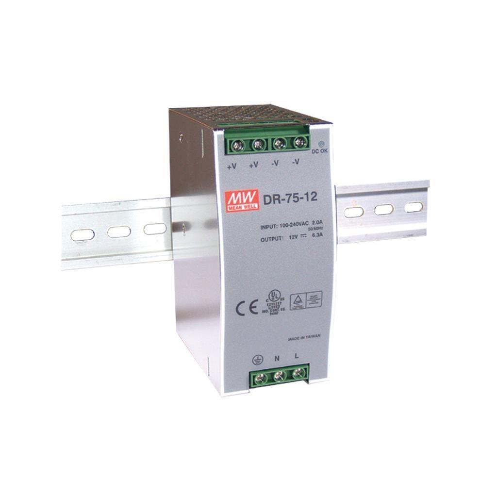 MEAN WELL DR-75-24 AC-DC Industrial DIN rail power supply; Output 24Vdc at 3.2A; metal case; DR-75-24 is succeeded by NDR-75-24.