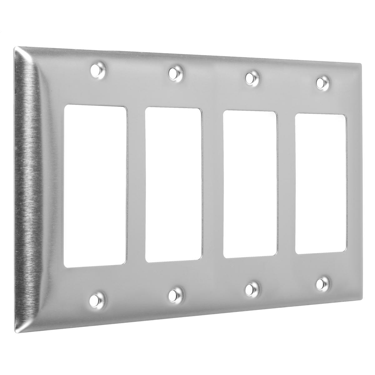 Hubbell WSS-RRRR 4-Gang Metal Wallplate, Standard, 4-Decorator, Stainless Steel  ; Easily primed and painted to match or complement walls. ; Won't bow, crack or distort during installation. ; Premium North American powder coat. ; Includes screw(s) in matching finish.