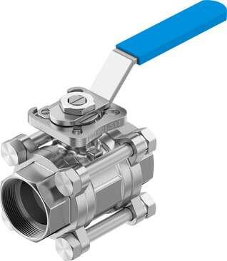 Festo 8089060 ball valve VZBE-11/4-WA-63-T-2-F0405-M-V15V15 Design structure: 2-way ball valve with hand lever, Type of actuation: mechanical, Sealing principle: soft, Assembly position: Any, Mounting type: Line installation