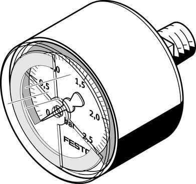 Festo 525727 pressure gauge MA-50-2,5-R1/4-E-RG With display unit in bar, adjustable red/green range. Indicating range [bar]: 0 - 2,5 bar, Conforms to standard: EN 837-1, Nominal size of pressure gauge: 50, Design structure: Bourdon-tube pressure gauge, Mounting type: