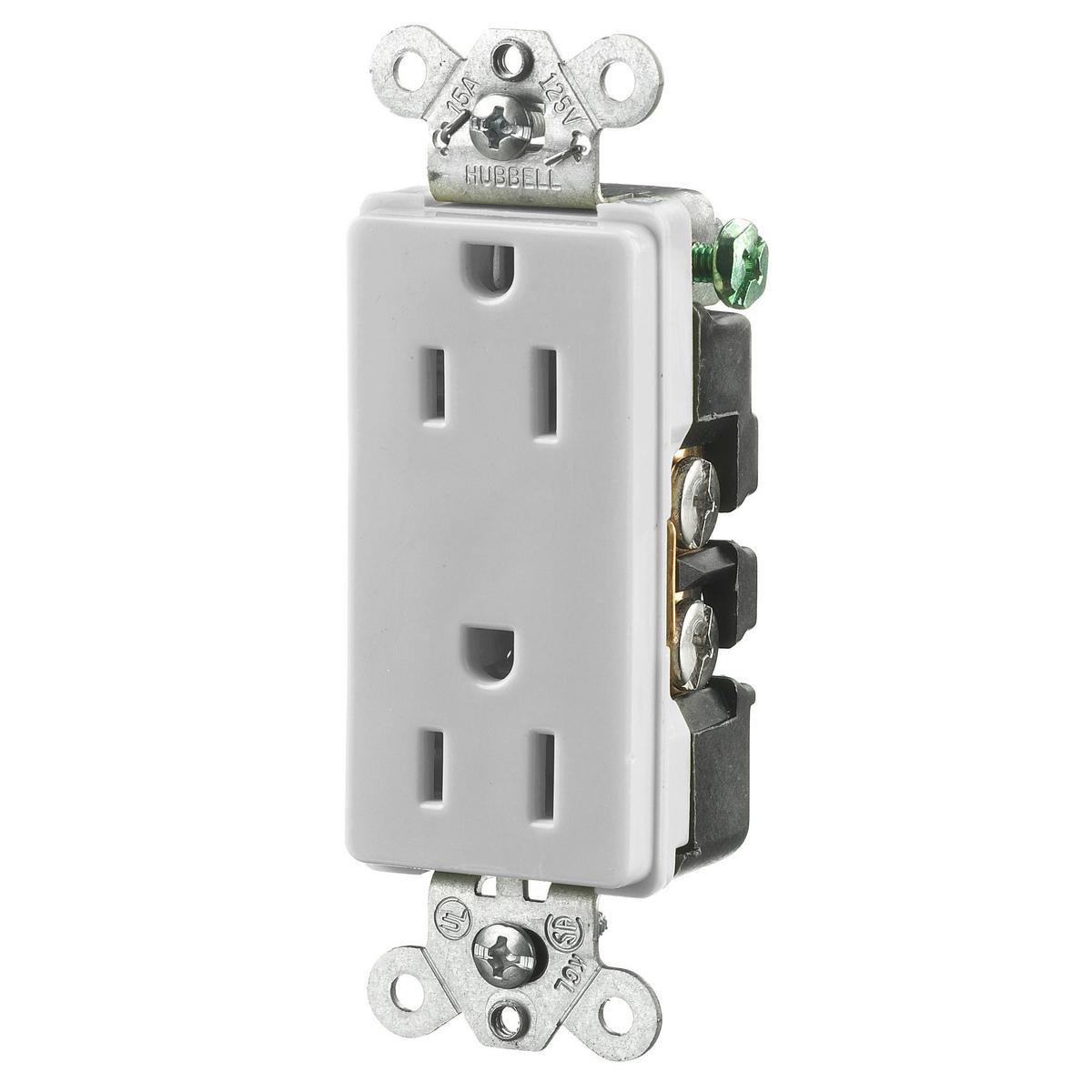 Hubbell HBL2152OW Straight Blade Devices, Receptacles, Duplex, Decorator/Commercial/Industrial Grade, 2-Pole 3-Wire Grounding, 15A 125V, 5-15R, Office White, Single Pack.  ; Aesthetic Style Line® decorator design ; Triple wipe contacts ; Standard, Self Grounding