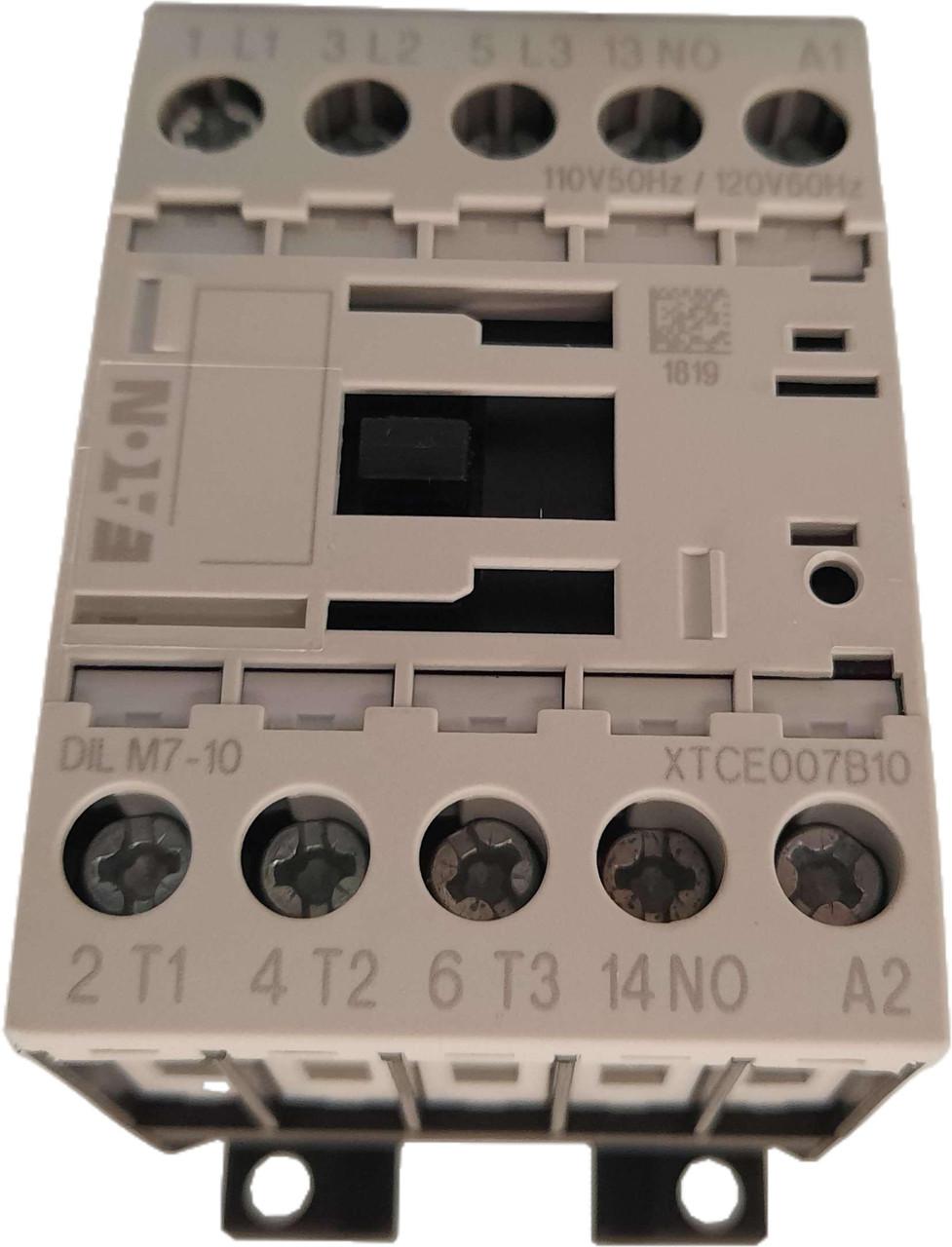 Eaton XTCE007B10A Eaton XT IEC contactor, 7A, 110 Vac 50 Hz,  120 Vac 60 Hz, 1NO, 7A, Frame B, 45 mm, 50-60 Hz, 0.25,  0.75,  1/ 1.5,  2,  3,  5 hp (1/3PH @115, 200, 230/200, 230, 460, 575 V), Three-pole, Screw terminals, Full voltage non-reversing contactor
