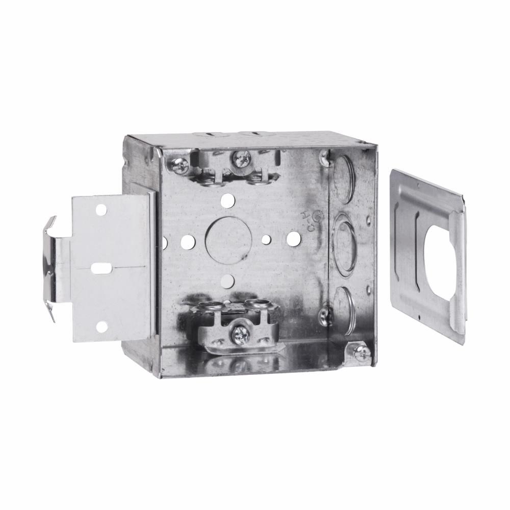 Eaton TP431MSBPF Eaton Crouse-Hinds series outlet box, (1) 1/2", 4", MSB, AC/MC clamps, Welded, 2-1/8", Steel, (4) 1/2", (2) 1/2", (1) 3/4" E, Includes ground screw with pigtail lead, 30.3 cubic inch capacity