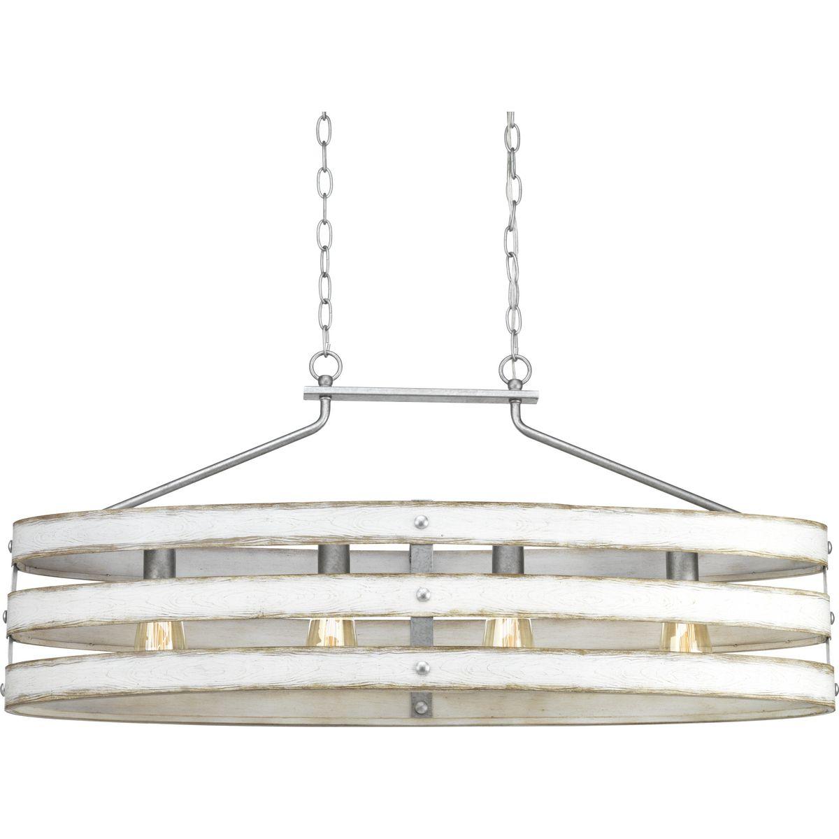 Hubbell P400097-141 Three circular bands wrap together to create an open design for the Gulliver Collection four-light linear chandelier. Dual toned frame color combinations of Galvanized with antique white accents. A hand painted wood grained texture complements Rustic and 