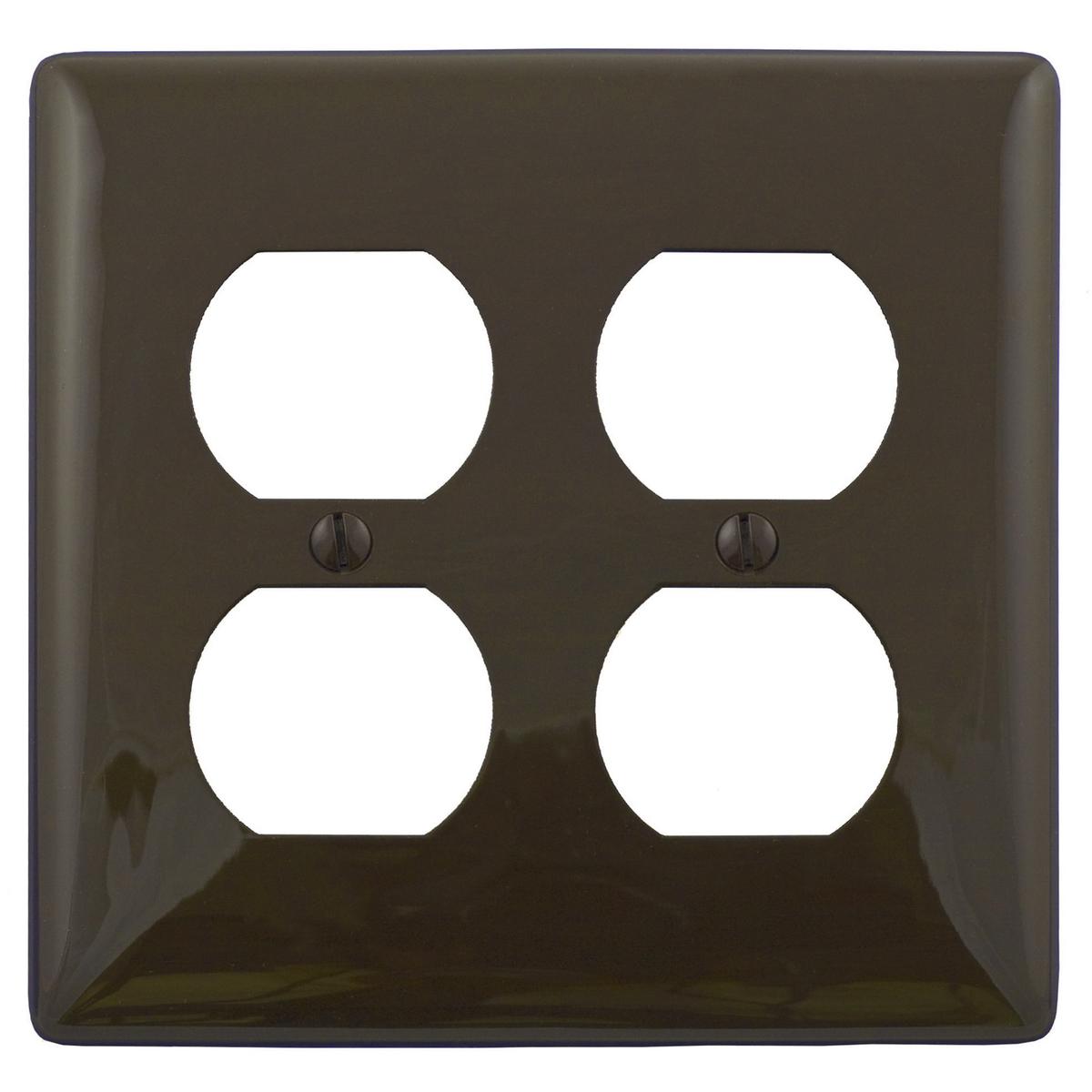 Hubbell NP82 Wallplates and Box Covers, Wallplate, Nylon, 2-Gang, 2) Duplex, Brown  ; Reinforcement ribs for extra strength ; Captive screw feature holds mounting screw in place ; High-impact, self-extinguishing nylon material ; Standard Size is 1/8" larger to give yo