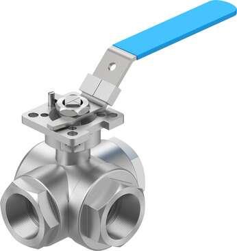 Festo 8096957 ball valve VZBE-11/2-T-63-F-3T-F0507-M-V15V15 Design structure: (* 3-way ball valve, * T hole), Type of actuation: mechanical, Sealing principle: soft, Assembly position: Any, Mounting type: Line installation