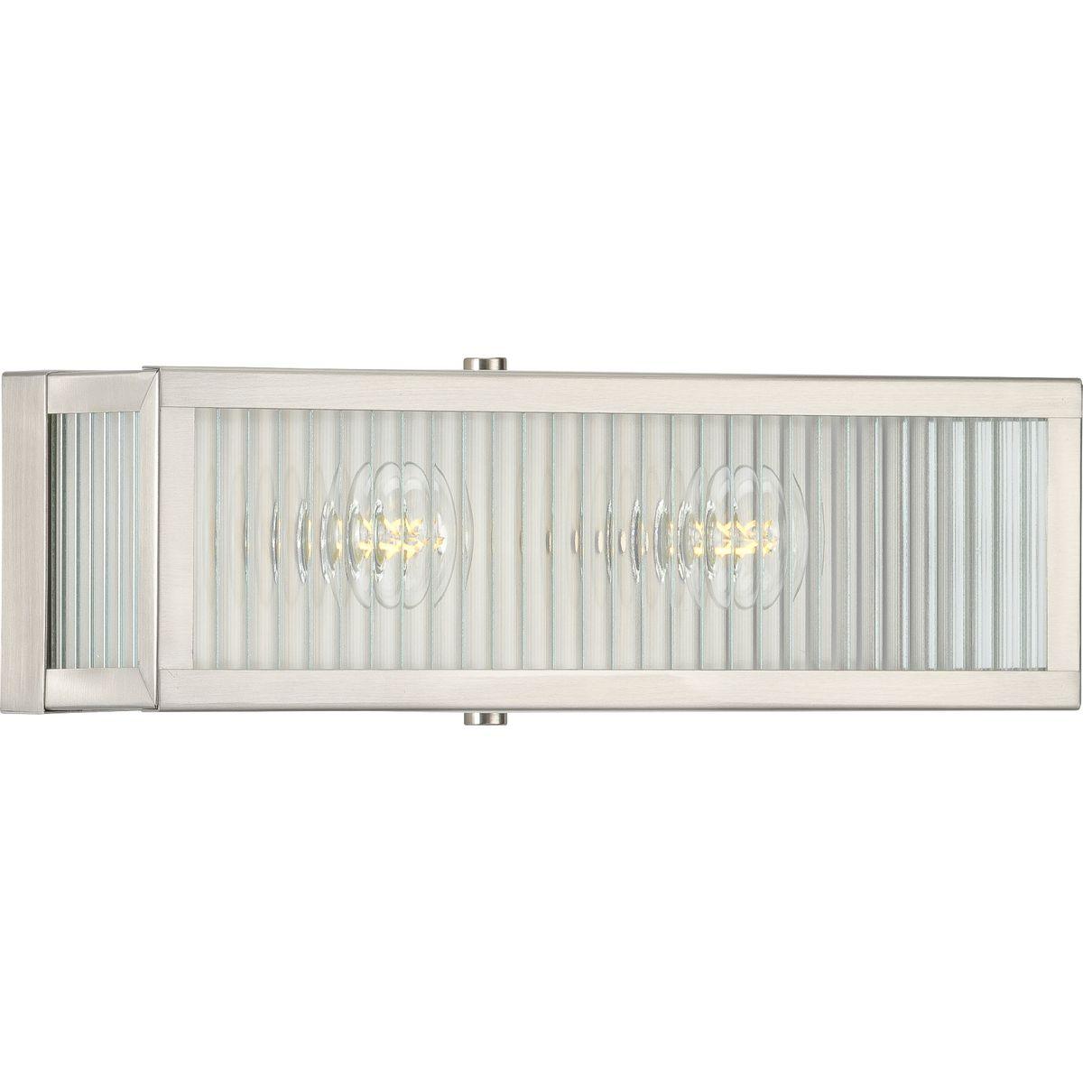 Hubbell P300265-135 Incorporate a vintage feel with a dash of industrial personality with this two-light bath. An attention-grabbing, clear ribbed glass takes center stage in the design to create a gaslight glow when the fixture is illuminated. A simple, metal frame coated i