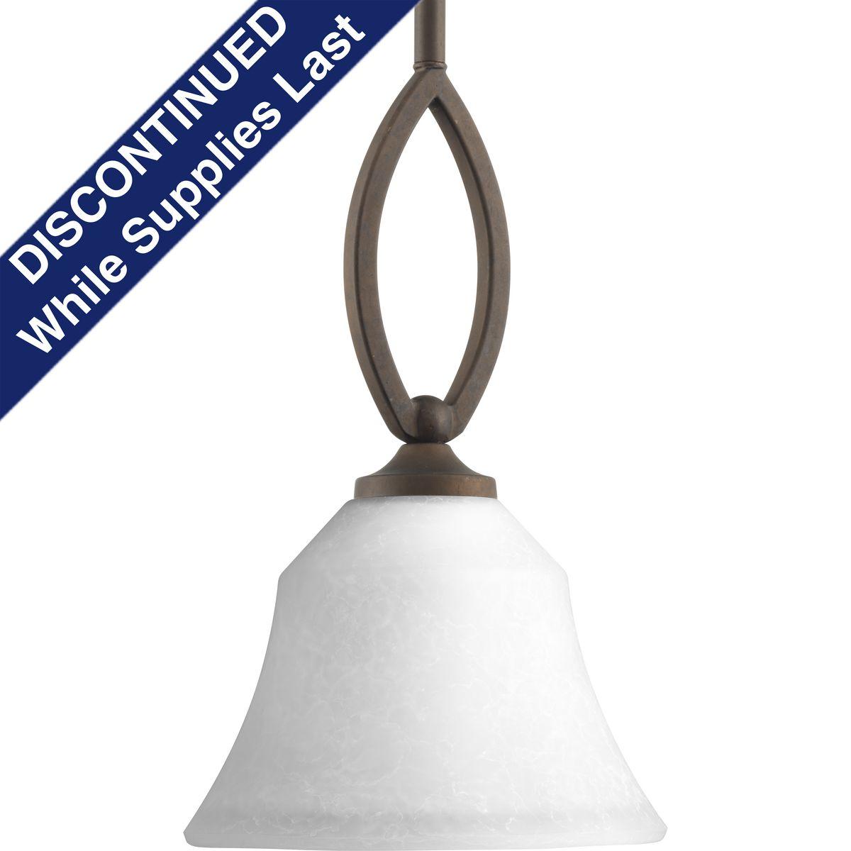 Hubbell P5621-102 An example of genuine craftsmanship, Monogram one-light mini-pendant makes its mark with modern, yet simple, scrolling forms. A watermark finish creates rich depth on the glass diffusers supported by the elegant bronze finish frame.  ; Modern, yet simple,