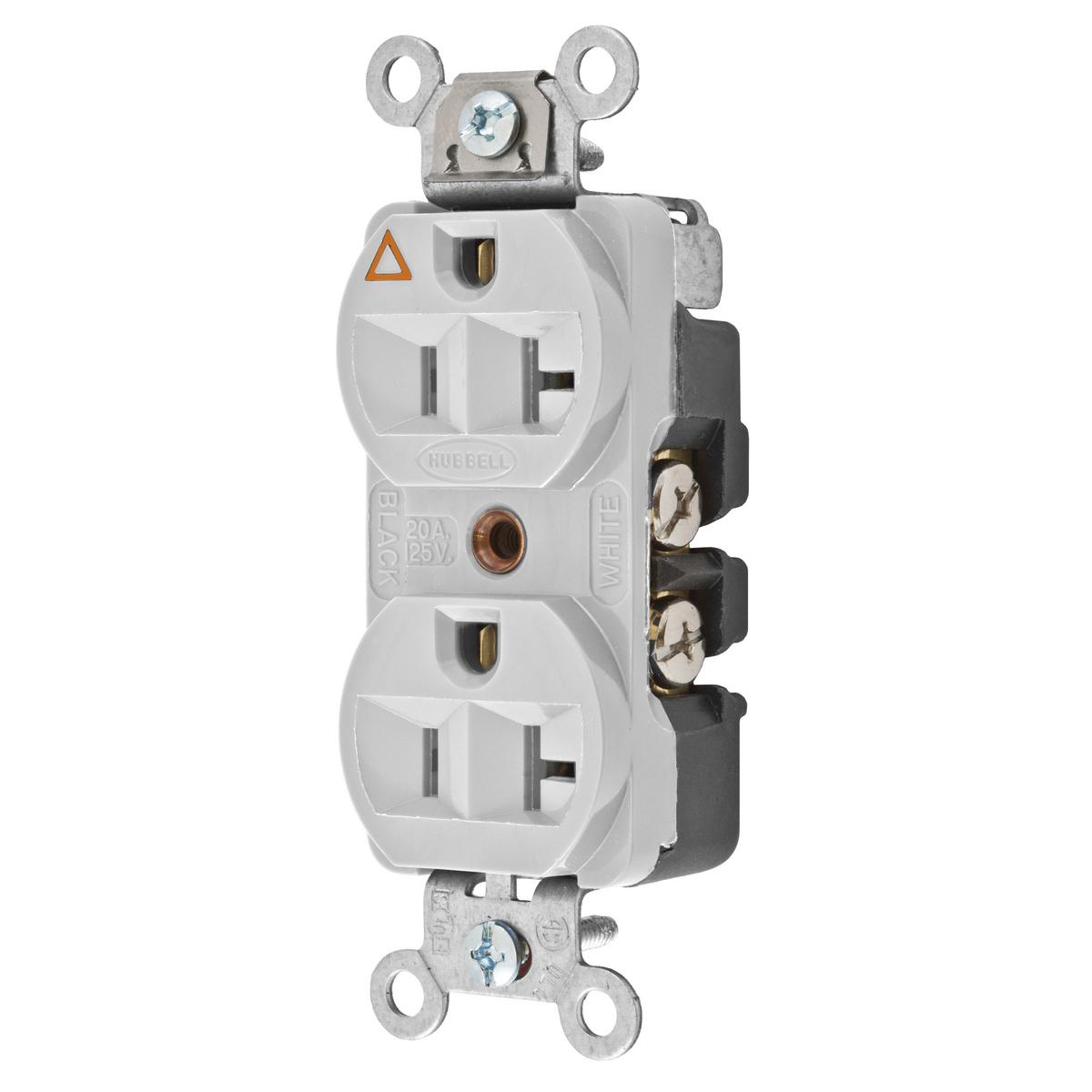 Hubbell CR5352IGOW Straight Blade Devices, Receptacles, Duplex, Hubbell-Pro Heavy Duty, 2-Pole 3-Wire Grounding, 20A 125V, 5-20R, Office White, Single Pack, Isolated Ground.  ; Triangle marking on face indicates isolated ground ; Slender/compact design ; Finder Groove Face 