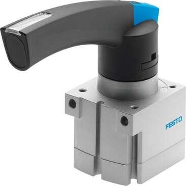 Festo 3410684 hand lever valve VHER-P-H-B43U-B-M5 Valve function: 4/3-way, pressurised, Type of actuation: manual, Width: 30 mm, Standard nominal flow rate: 260 l/min, Operating pressure: 0 - 10 bar