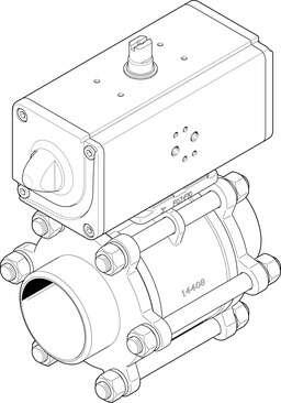 Festo 1810739 ball valve actuator unit VZBA-3"-WW-63-T-22-F0710-V4V4T-PP180-R-9 2/2-way, flange hole pattern F0710, welded end. Design structure: (* 2-way ball valve, * Swivel drive), Type of actuation: pneumatic, Assembly position: Any, Mounting type: Line installatio