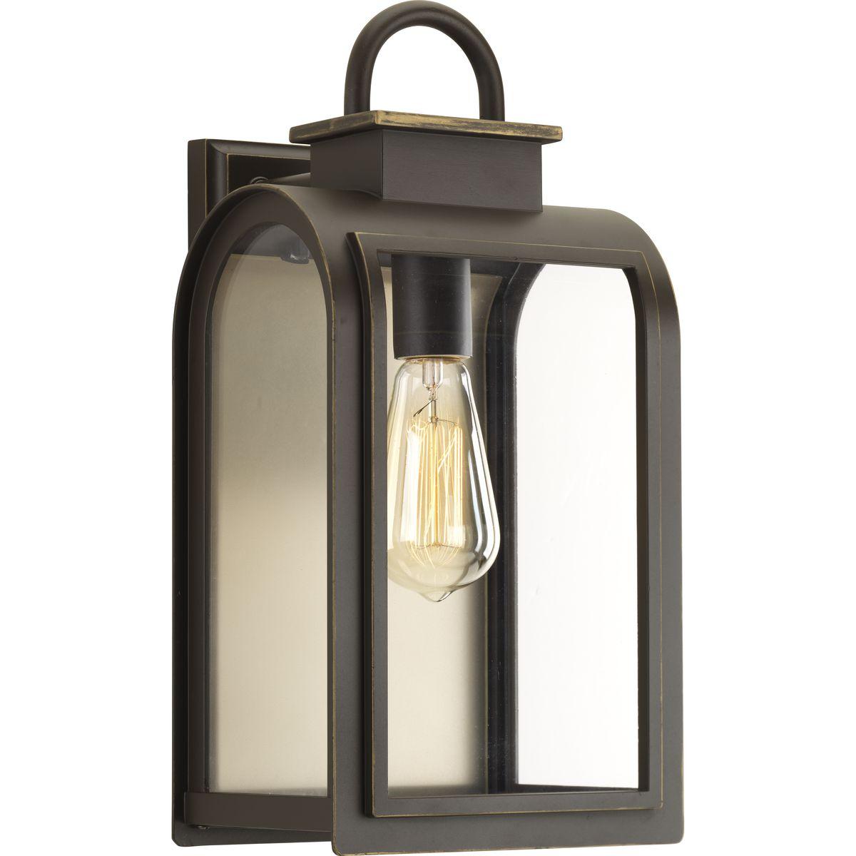 Hubbell P6031-108 One-light medium wall lantern in a Cape Cod-inspired frame pays homage to a classic nautical style. Light output and geometric forms offer visual interest to outdoor exteriors. Clear glass windows are paired with a unique umber reflector panel that provid
