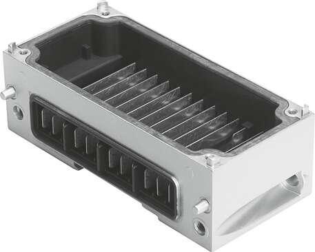 Festo 550206 interlinking block CPX-M-GE-EV for modular electrical terminal CPX. Corrosion resistance classification CRC: 0 - No corrosion stress, Product weight: 169 g, Mounting type: Angle fitting, Materials note: Conforms to RoHS, Material housing: Aluminium die ca