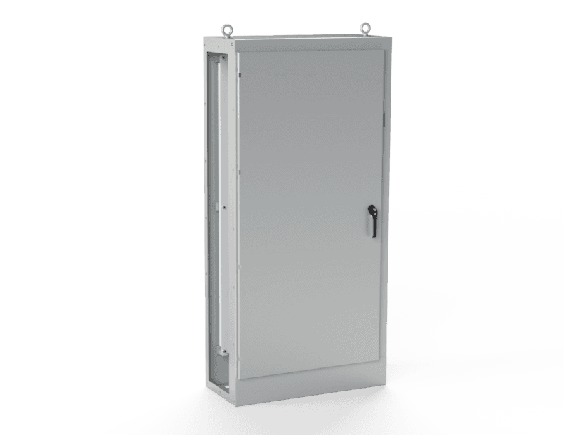 Saginaw Control SCE-MOD84X4018 1DR MOD Enclosure, Height:84.00", Width:40.00", Depth:18.00", ANSI-61 gray powder coating inside and out. Sub-panels are powder coated white.
